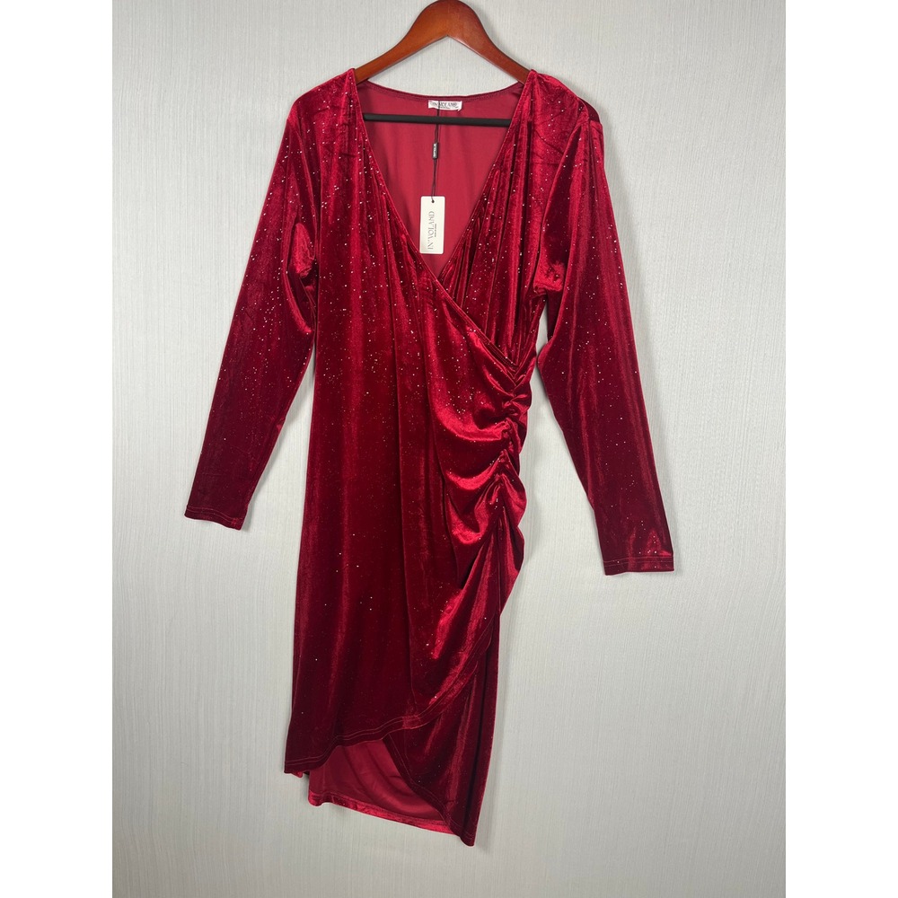 Red Velvet Wrap Dress Women 16W Glitter‎ Long Sleeve Ruched Cocktail Glam